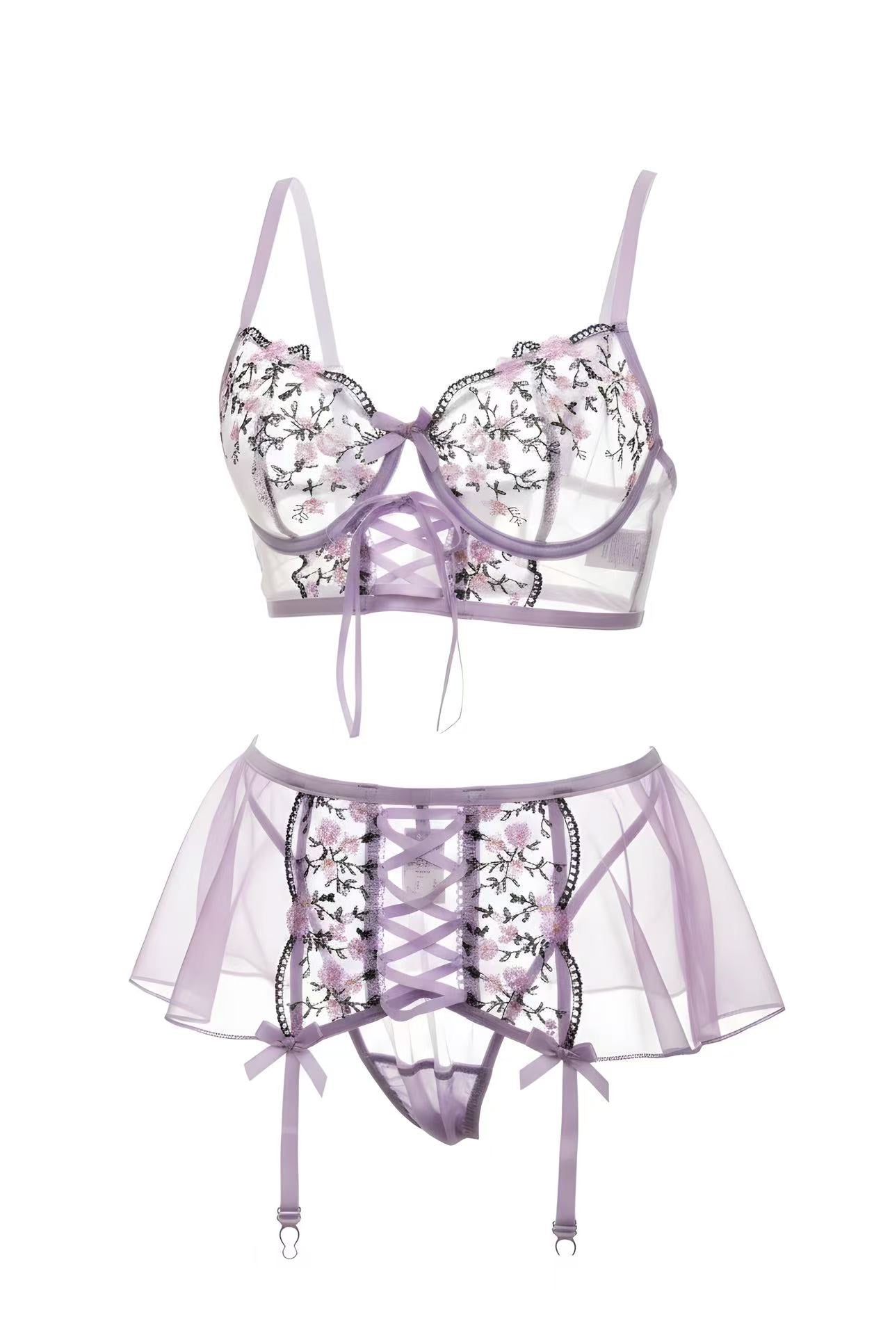 Lilac Blossom Lace Garter Lingerie Set